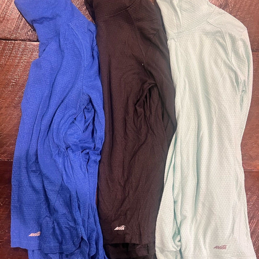 Avia Performance Tops in Blue, Black, and Light Green